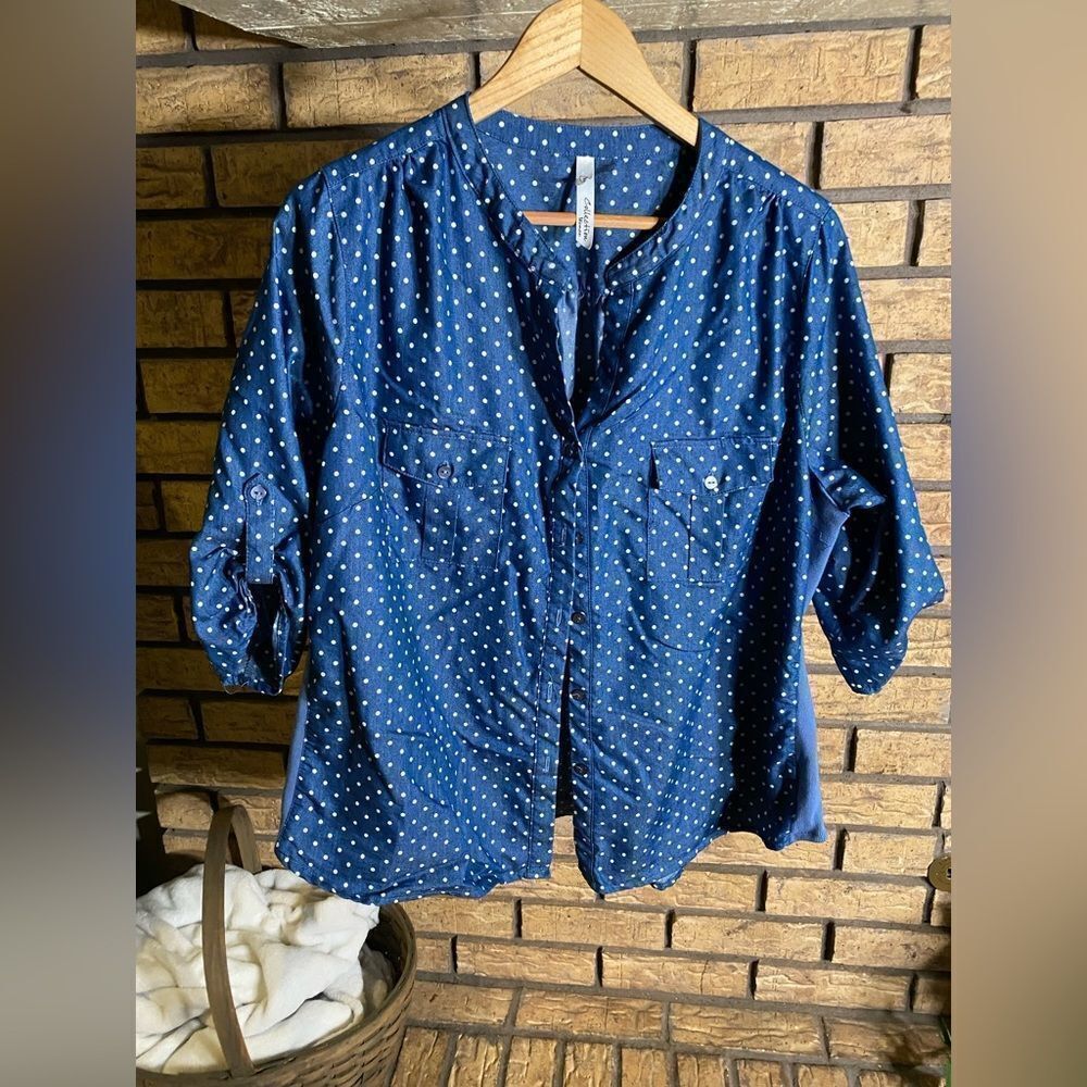 Blue with white polka dots top